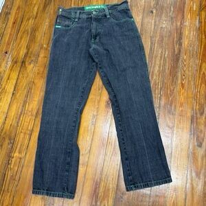 5 Jungle & Co Jeans Mens 34x31 Black Straight Leg Denim Green Stitching Hip Hop